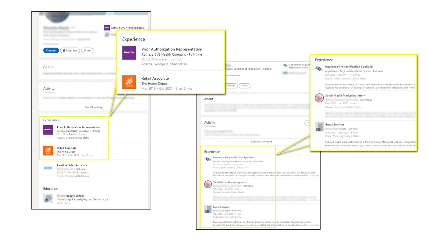 Screenshots of a portion of two LinkedIn profiles listing jobs, with selections highlighted for each of the two profiles.
The highlighted text for the first profile lists a job as a Retail Associate at The Home Depot in the three years prior to the job as a full-time Prior Authorization Representative for Aetna.
The second selection lists three roles, with a position as a Guest Services employee at a ranch in Cody, Wyoming listed before a role as a Social Media Marketing Intern, followed finally by the user's current role as an Insurance Pre-Certification Specialist.