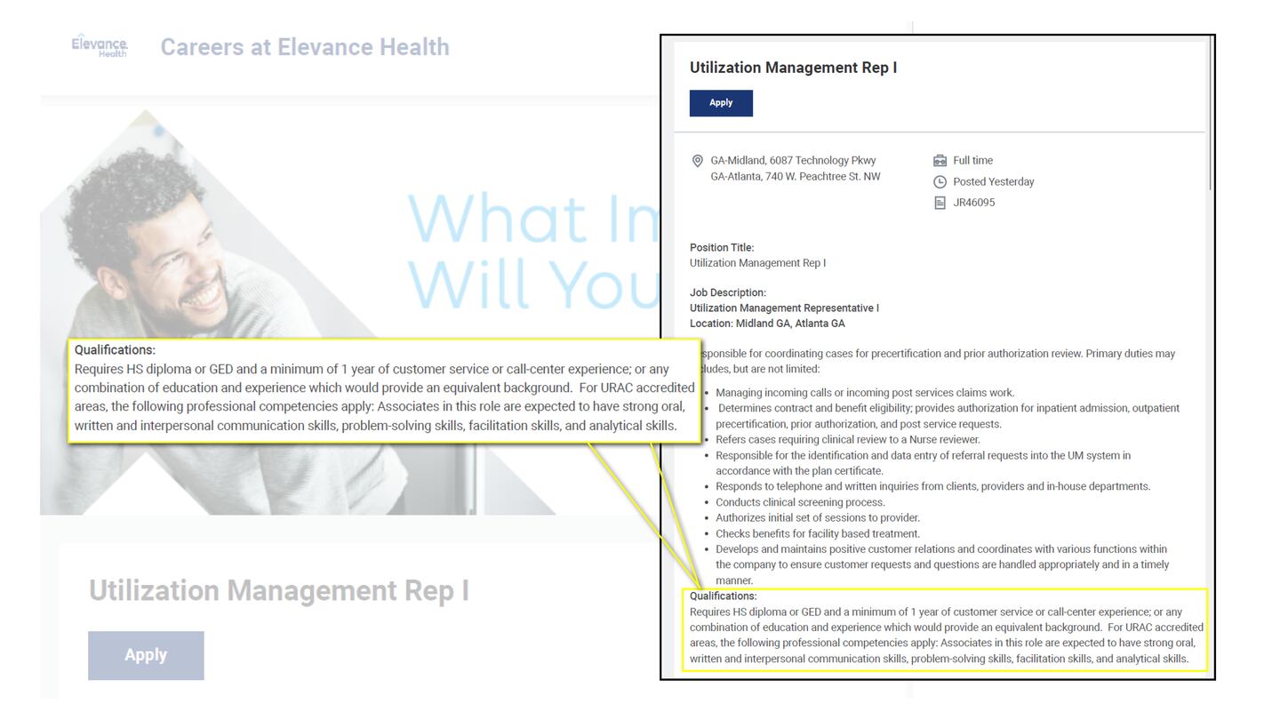 A screenshot of a job description posted online, with a selection of text highlighted. The selected text reads: Requires HS diploma or GED and a minimum of 1 year of customer service or call-center experience or any combination of education and experience which would provide an equivalent background. For URAC accredited areas, the following professional competencies apply: Associates in this role are expected to have strong oral, written and interpersonal communication skills, problem-solving skills, facilitation skills, and analytical skills.