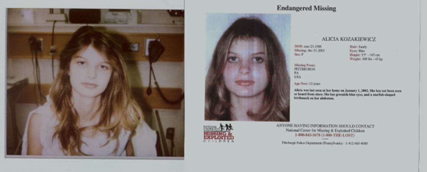 Side by side image including a photograph of Alicia Kozak taken as she sits in a hospital bed. The photo is juxtaposed with a scanned image of the flyer, which has a photo of Kozak as well as her physical description, and includes the contact information for the National Center for Missing and Exploited Children.